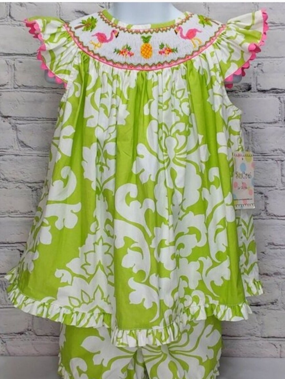 'LeZaMe' Smocked Collar 2-Piece Bishop Set Angel Sleeve Ruffle Bottom New